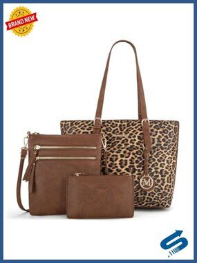 Faux Leather Tote Bag Set with Leopard Print - 3 Piece Satchel Handbag Set